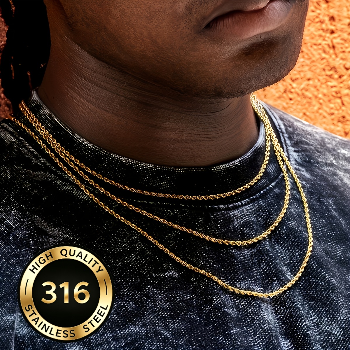 Men's 2mm Thick 316L Twisted Rope Necklace, Stylish Accessory